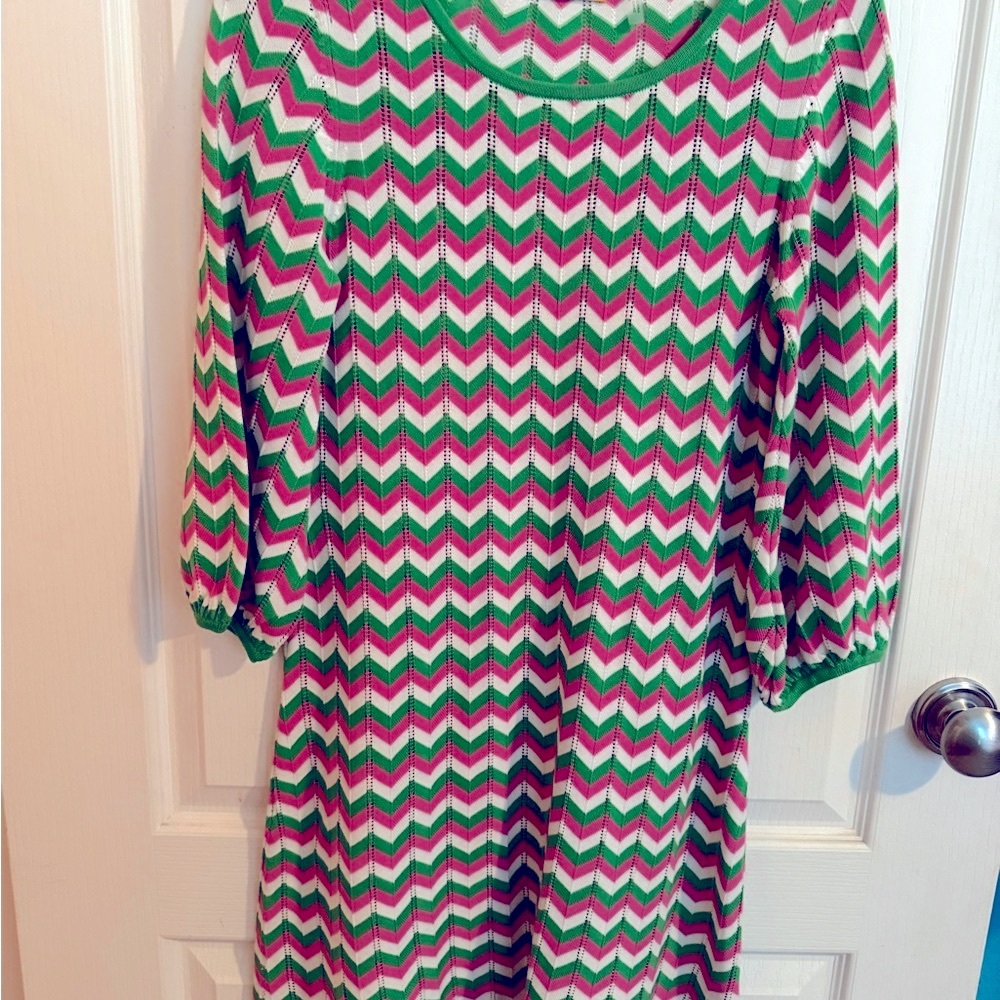 Alice+Olivia Y2K Green/Pink Chevron Dress 100% Cotton Crochet Knit